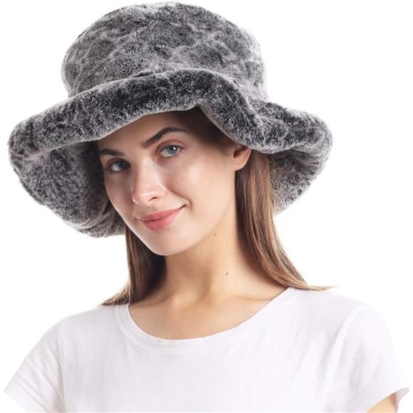 Women\'s Snakeskin Print Faux Fur Bucket Hat Winter Warmer Cap, Gray main image 6